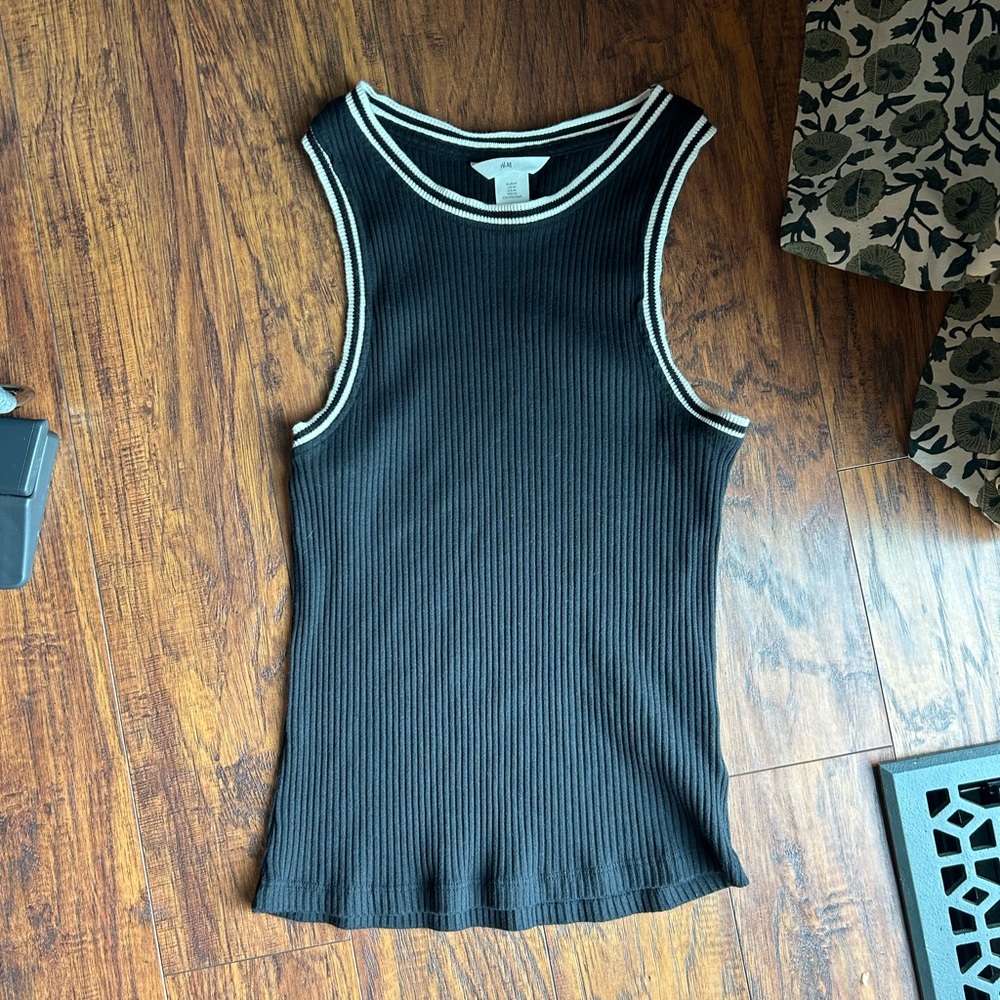 H&M Black Ribbed Top with White Accents